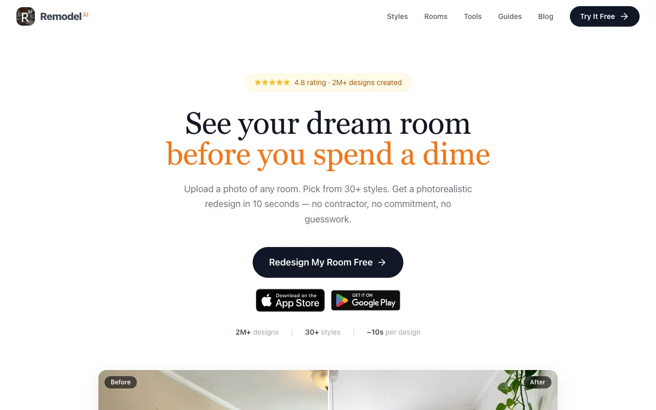 The Remodel AI (remodelai.io) landing page, an 8-tool AI interior, exterior and landscape redesigner with a free tier and mobile apps