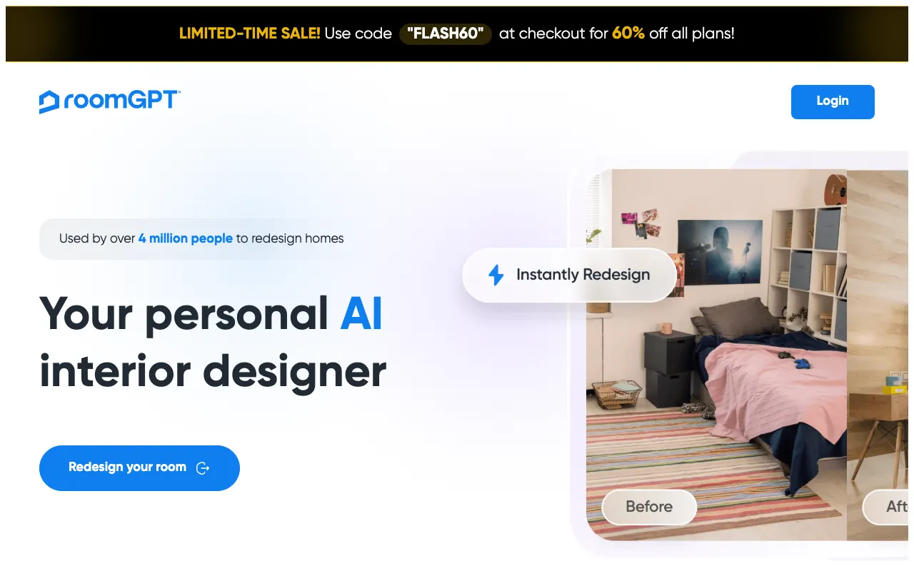 The RoomGPT (roomgpt.io) landing page, a simple one-click open-source AI room redesigner used by over 4 million people
