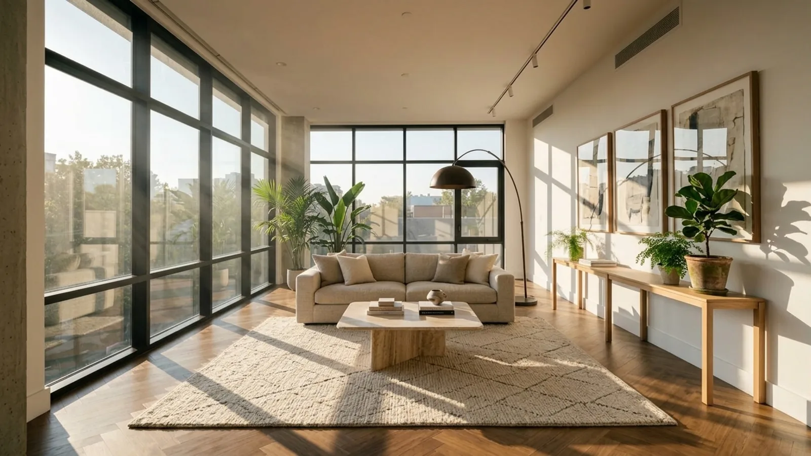 The same living room after MeltFlex redesigns it with real, shoppable furniture placed to scale, keeping the exact walls and windows