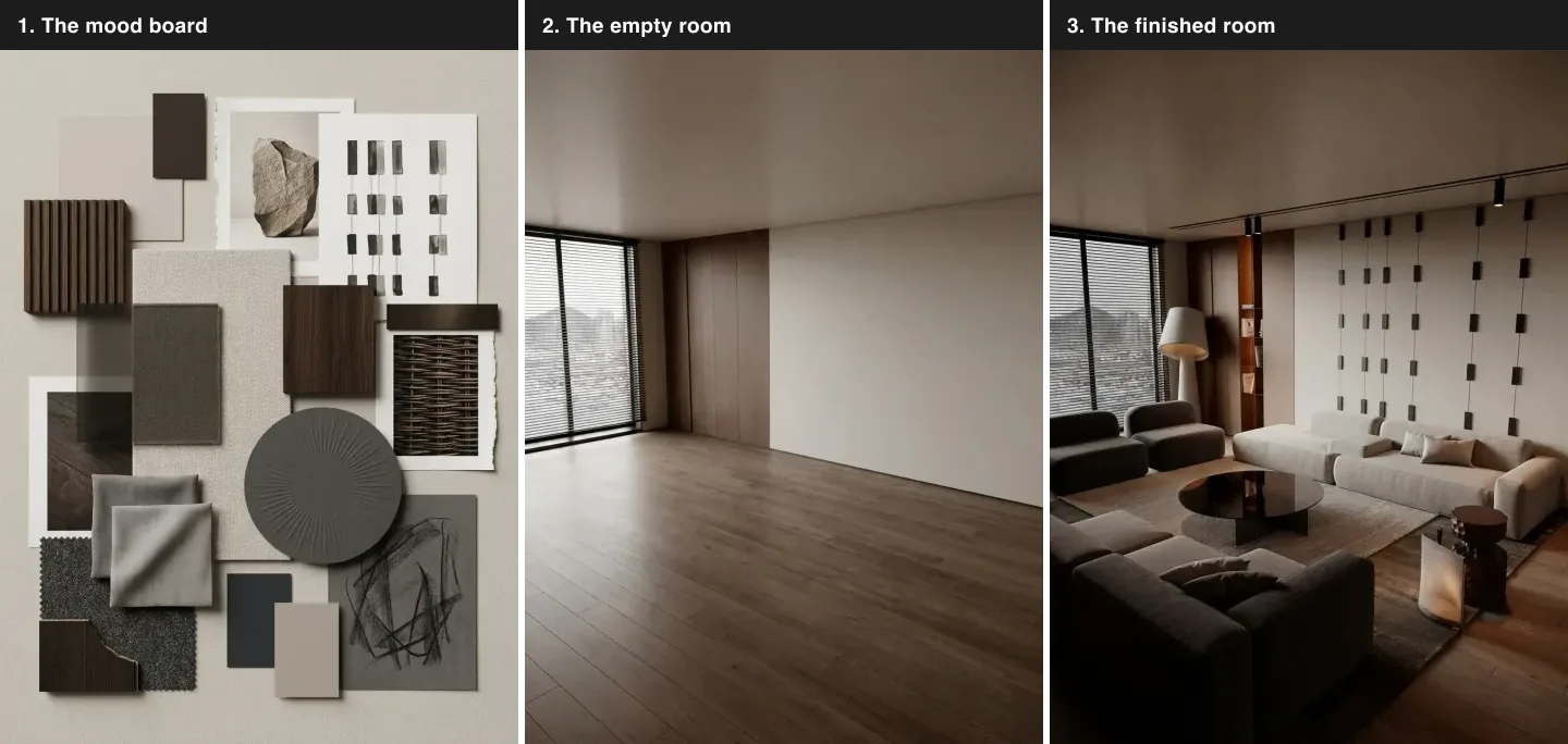 Three panel comparison of a dark luxury living room: the mood board with charcoal wool, chocolate leather, fluted dark oak and bronze samples, the same room empty showing dark timber walls and a wide window, and the finished room with charcoal and brown sofas against a grid panel wall
