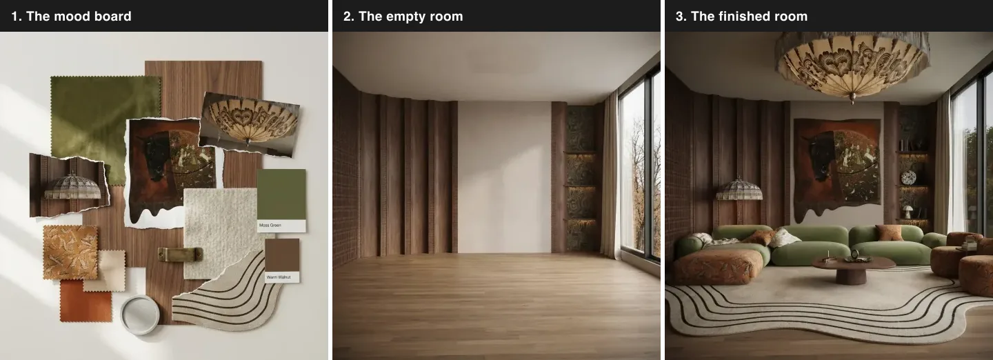 Three panel comparison of an earthy green living room: the mood board with olive velvet, walnut panelling, caramel leather and brass samples, the same room empty showing walnut wall panelling and a large window, and the finished room with a large curved green sofa and a decorative ceiling light