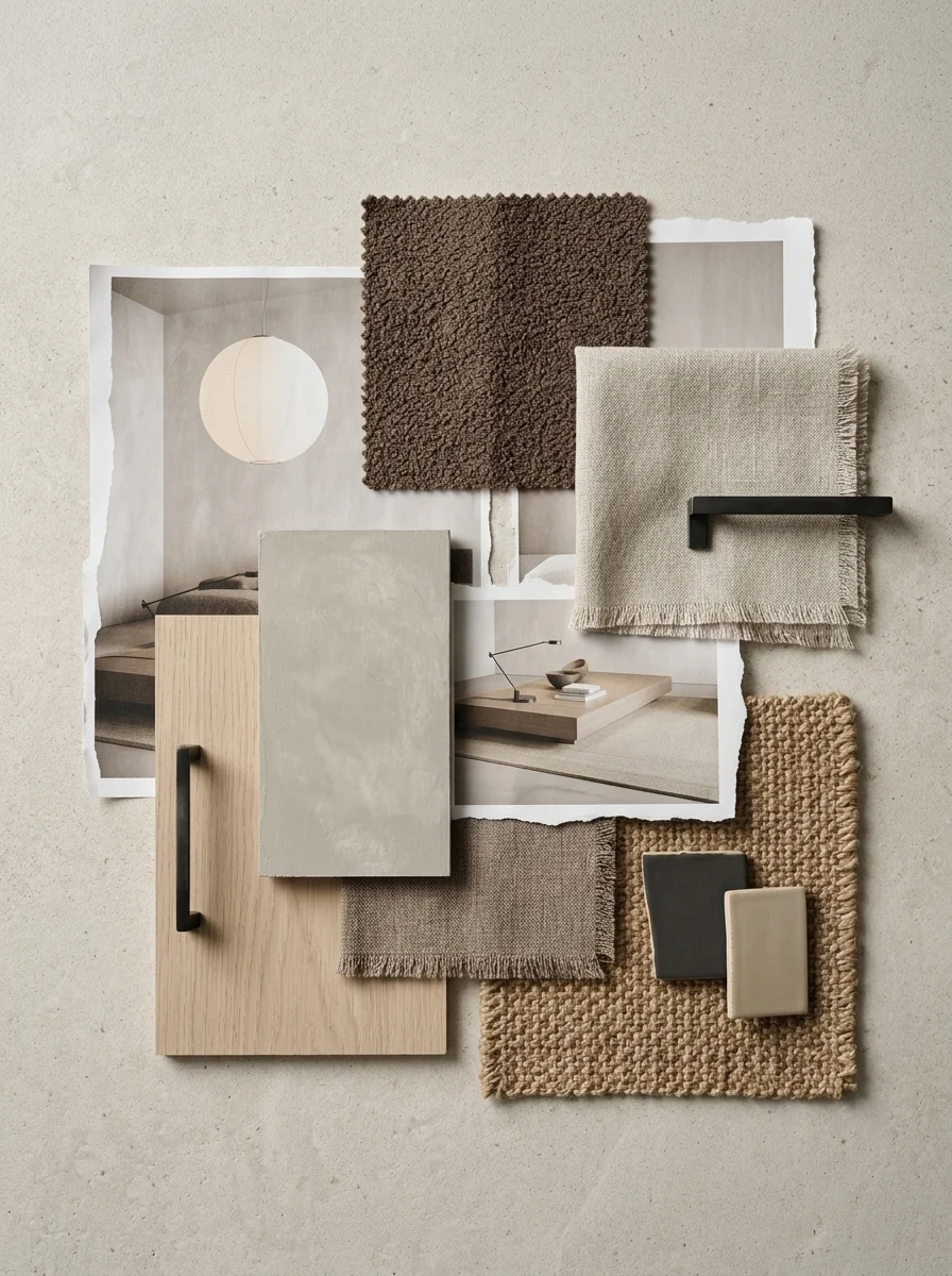 Overhead flat lay interior design mood board for a Japandi living room with brown boucle fabric, pale oak veneer, jute rug sample, limewash colour chips, a black steel handle and torn interior tear sheets