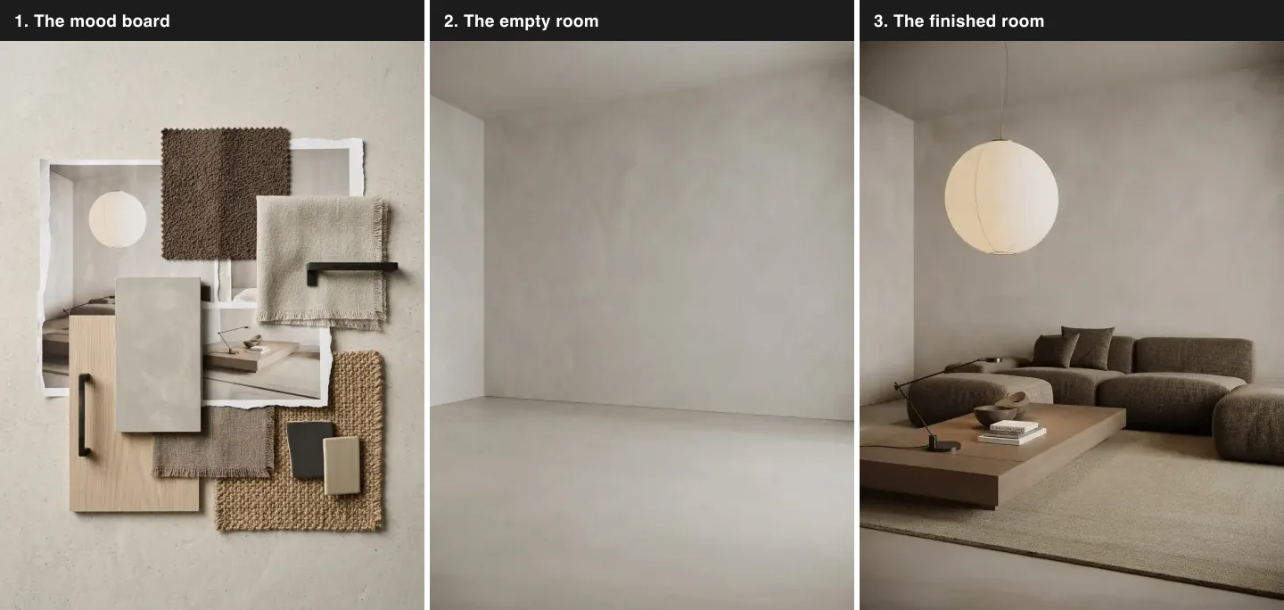 Three panel comparison of a Japandi living room: the mood board of boucle, oak, jute and limewash samples, the same room as an empty limewash plaster shell, and the finished room with a brown modular sofa, low oak platform table and a large paper lantern