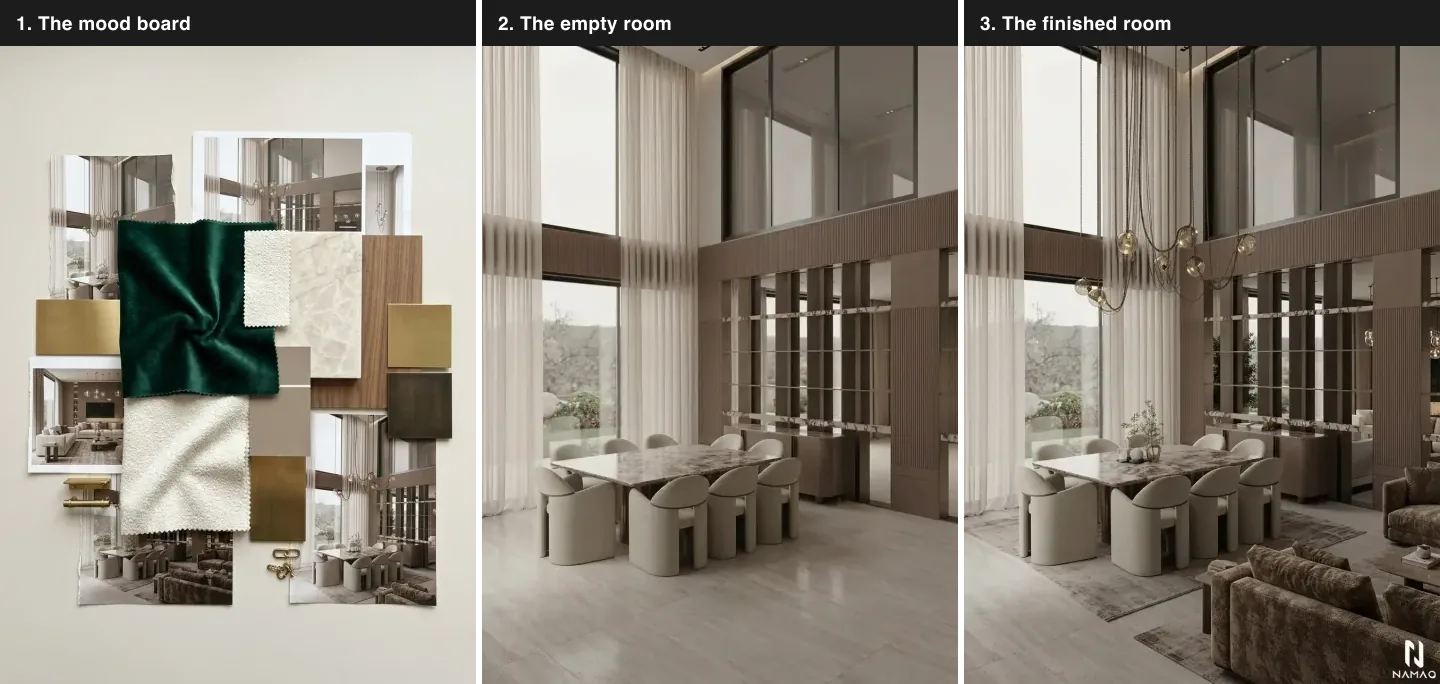 Three panel comparison of a high ceilinged reception and dining area: the mood board with emerald velvet, cream marble, dark walnut and polished brass samples, the same room empty with full height windows and a timber screen, and the finished space with a dining set and velvet lounge seating