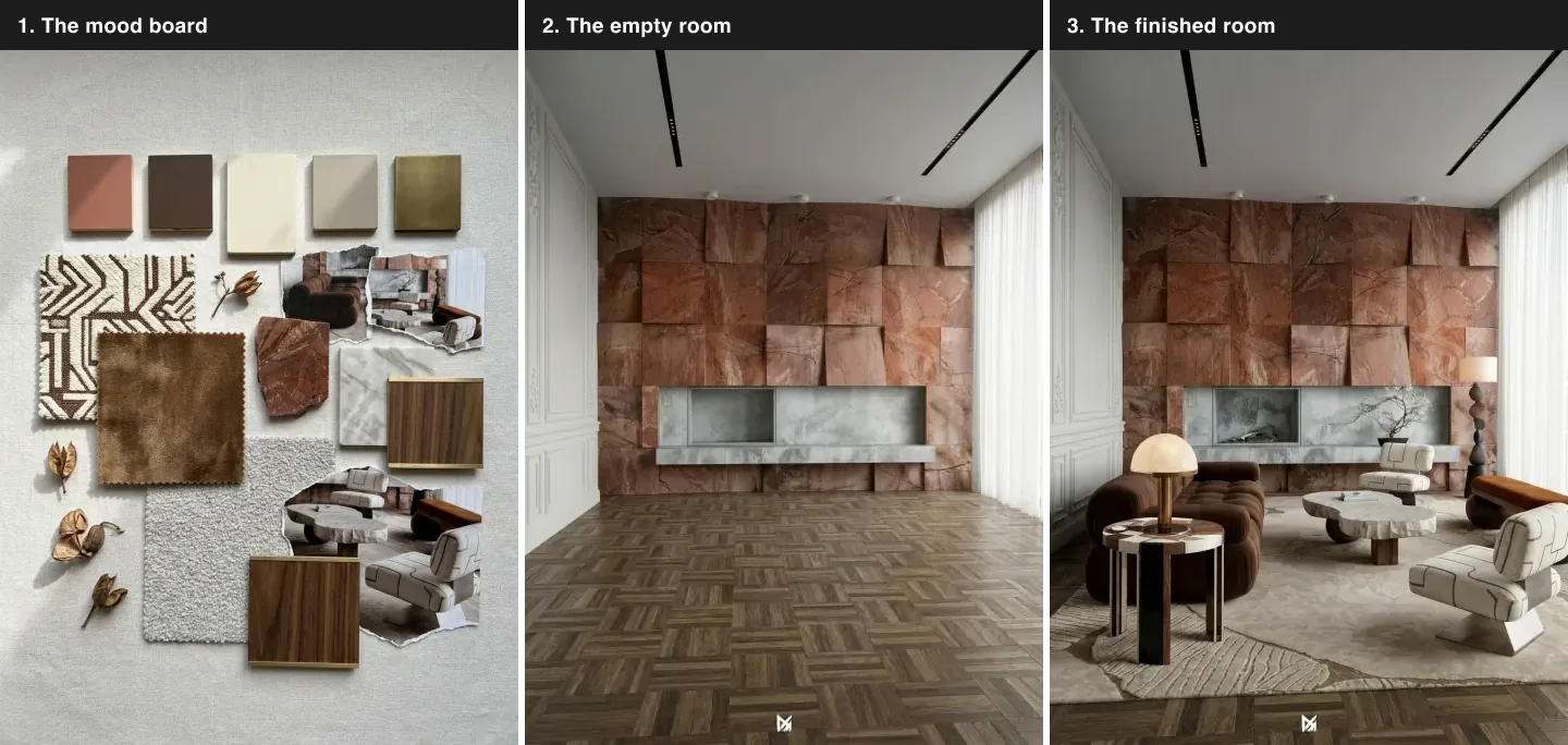 Three panel comparison of a living room with a terracotta stone feature wall: the mood board with terracotta stone, marble, walnut and cream boucle samples, the same room empty showing the stone wall, marble fireplace, panelling and parquet, and the finished room with brown boucle seating and a stone coffee table