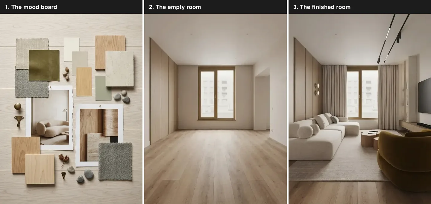 Three panel comparison of a warm minimalist apartment: the mood board with linen, pale oak, travertine and sage samples, the same room empty with a window and pale timber walls, and the finished room with a soft sofa, olive accent chair and warm wood tones