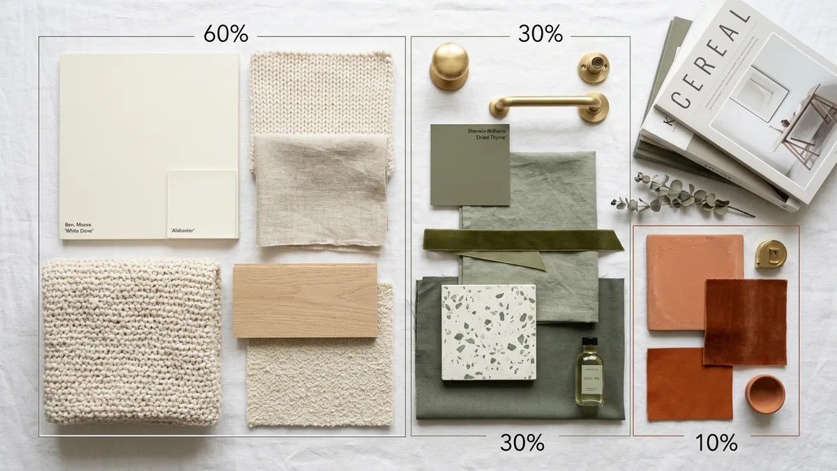 Color palette showing the 60-30-10 rule applied to a living room with warm white walls, olive green accents, and terracotta details