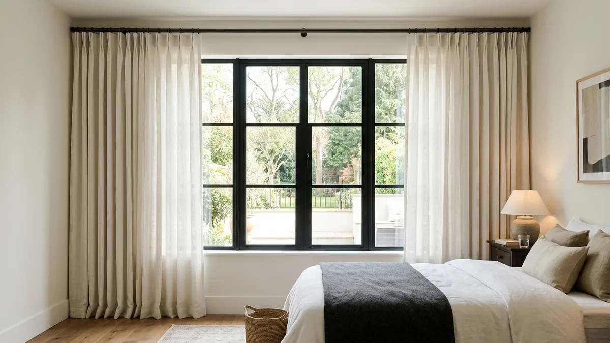 Diagram showing correct curtain hanging height 10 to 15 centimeters above the window frame with curtains touching the floor