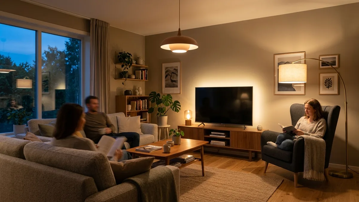 Living room demonstrating layered lighting with ambient overhead light, task floor lamp, and accent table lamps creating warm atmosphere