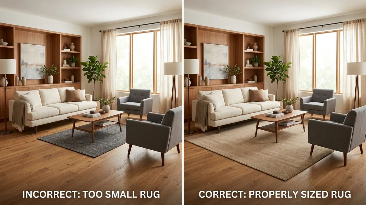 Side-by-side comparison of rug sizes in a living room showing a too-small rug versus a correctly sized 200 by 300 centimeter rug with furniture legs on it