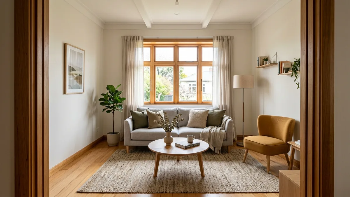 Small living room with furniture pulled away from walls, clear walkways, and a sofa with visible legs creating an open, spacious feel