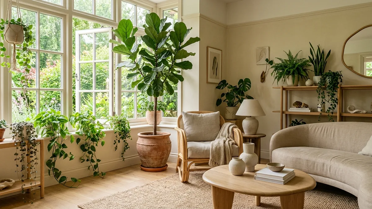 A bright biophilic living room filled with plants, a fiddle leaf fig, a rattan chair, natural light and a jute rug