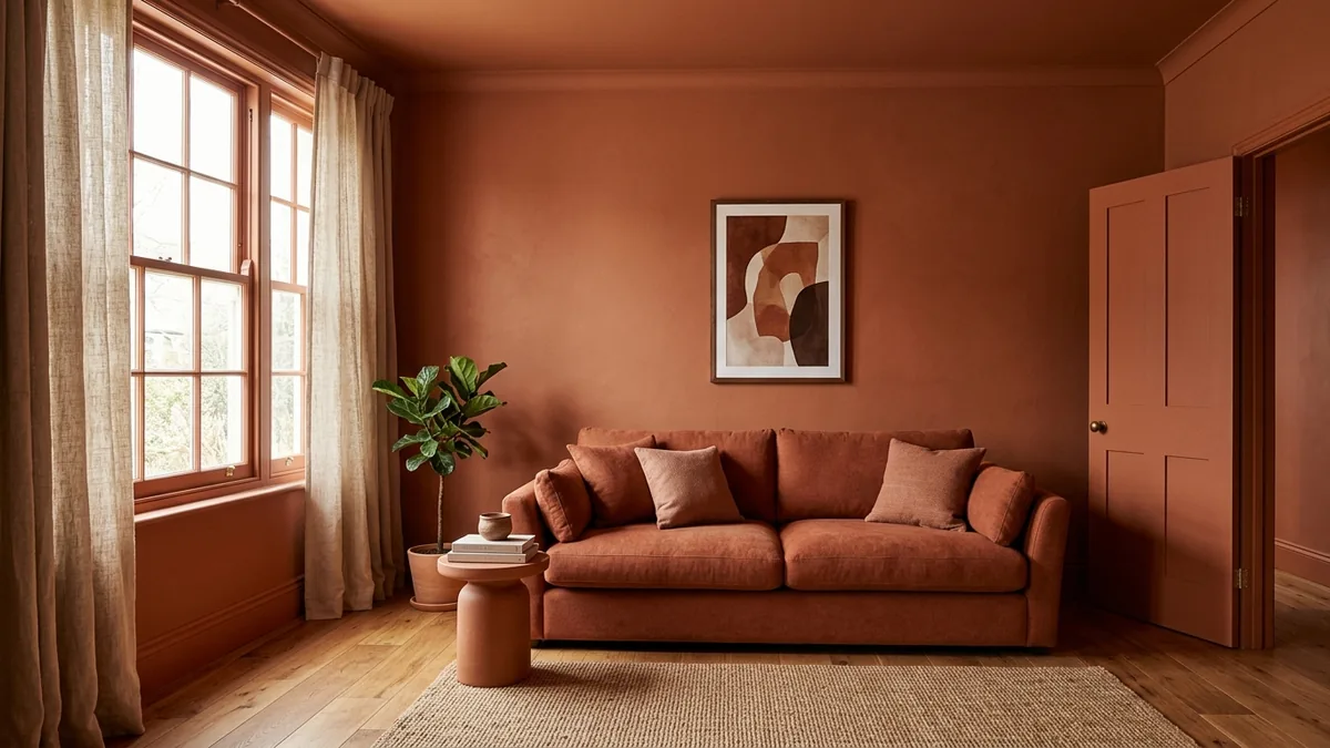 A color-drenched room with walls, trim, door and ceiling all painted the same warm terracotta-clay tone for an immersive effect