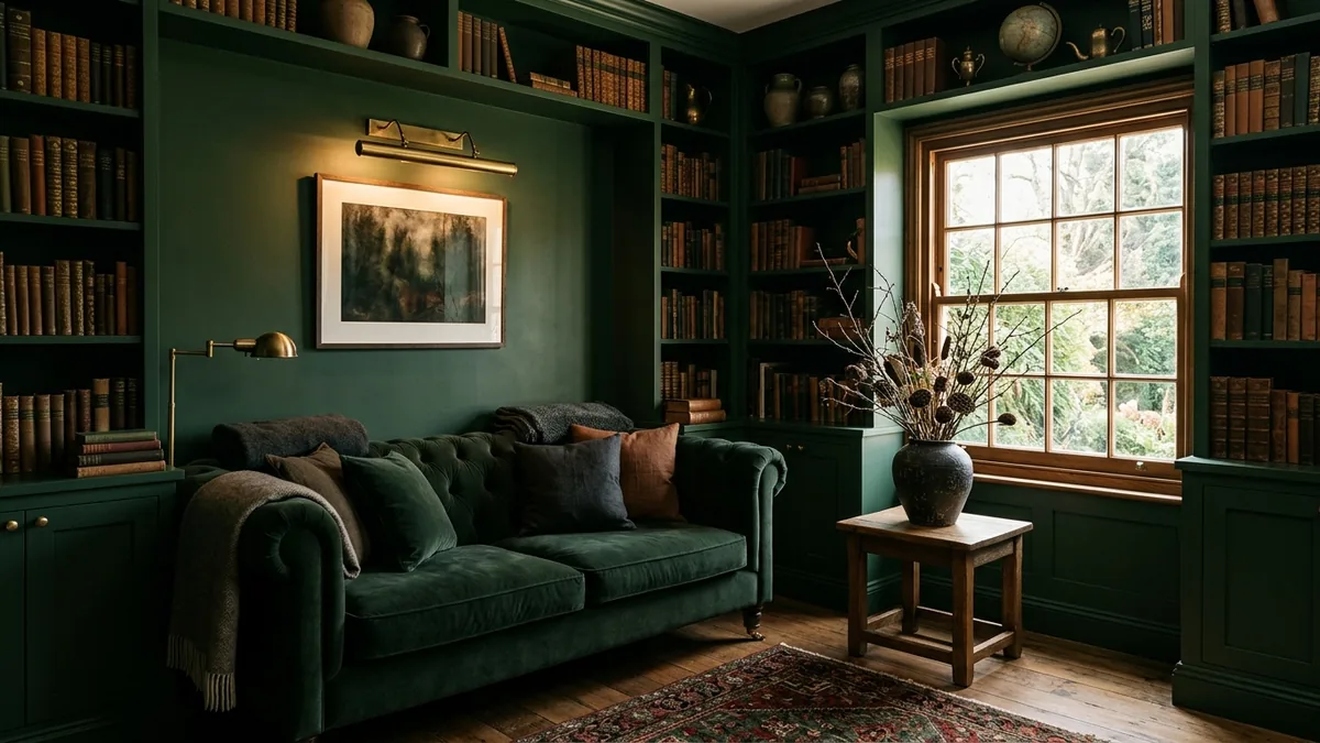 A dark, moody study with deep forest green walls and bookshelves, a velvet sofa, brass picture light and oak floor creating a cocooning feel