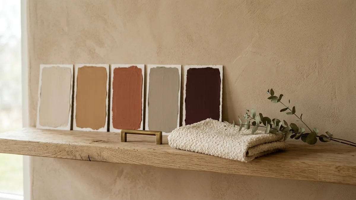 The 2026 interior palette shift: warm oat, caramel, terracotta and brass replacing cool grey and chrome