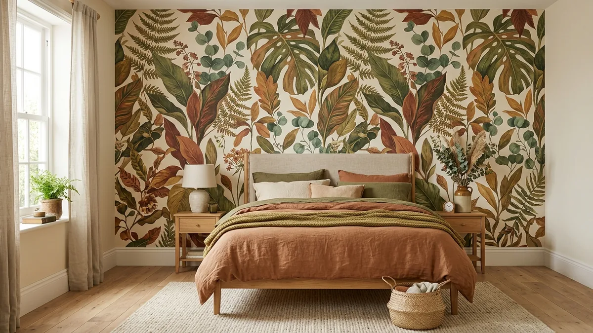 A bedroom with a large-scale botanical statement wallpaper feature wall in warm earthy greens and terracotta behind the bed