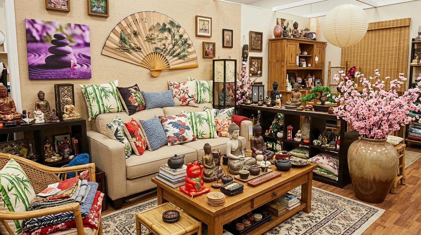 Cluttered living room showing japandi done wrong as an Asian-themed decor haul with buddha figurines, fake cherry blossoms, bamboo-print cushions and zen canvas prints