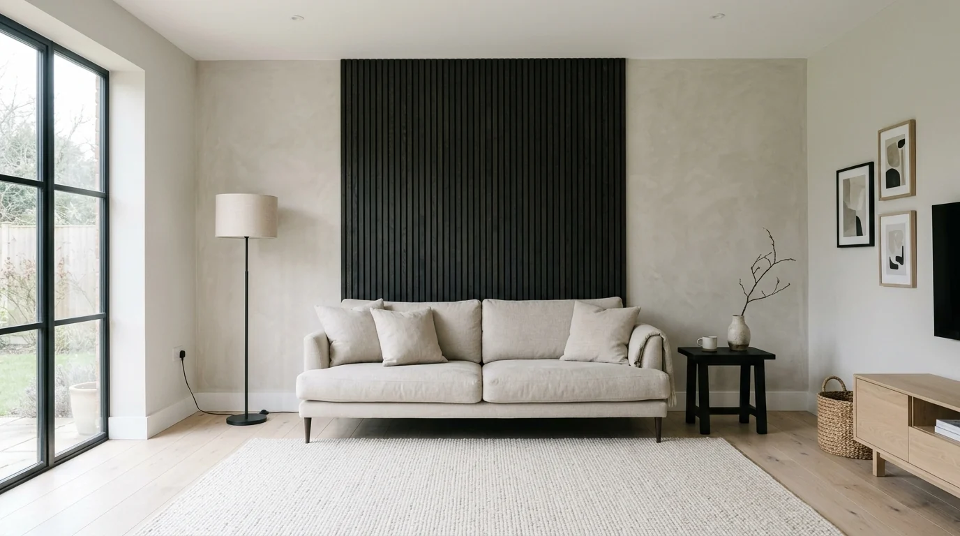 Japandi living room with one charcoal-stained oak wall panel behind a light oatmeal linen sofa, everything else pale oak and cream