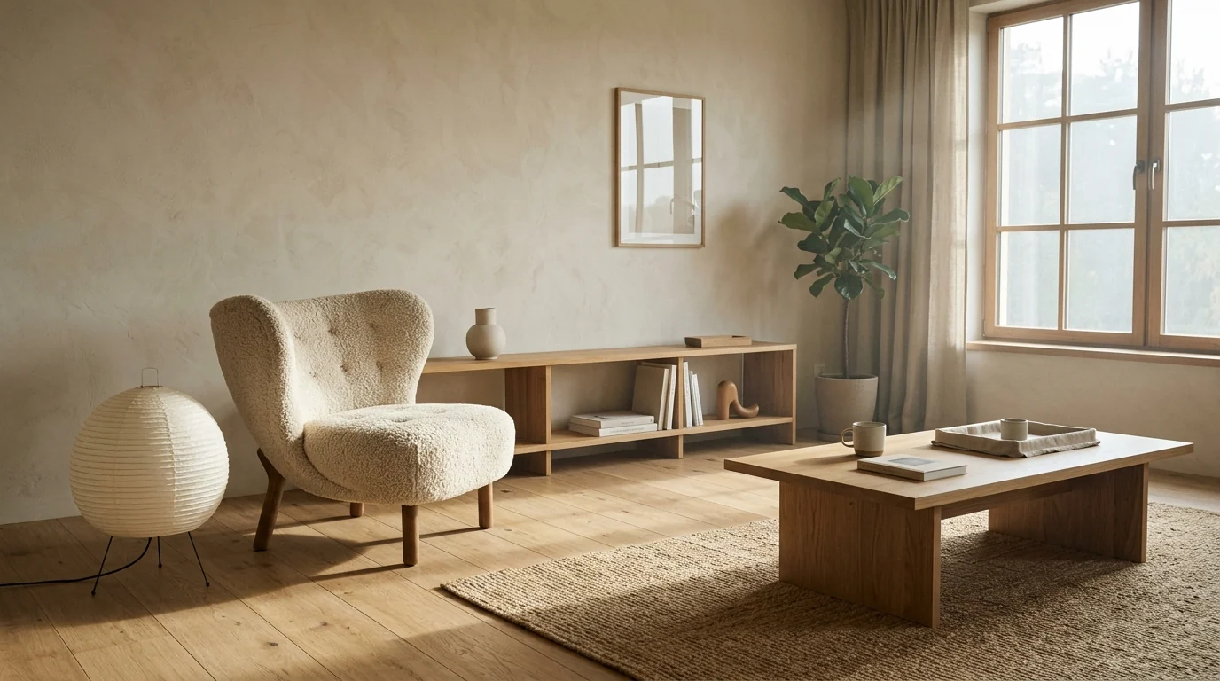 Curved cream boucle lounge chair and round paper floor lamp balancing the straight lines of low oak shelving in a japandi living room