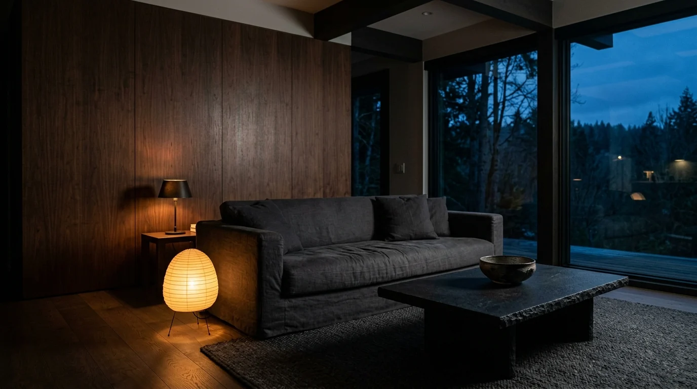 Moody dark japandi living room with walnut wall paneling, charcoal linen sofa and black stone coffee table under warm low lamplight at dusk