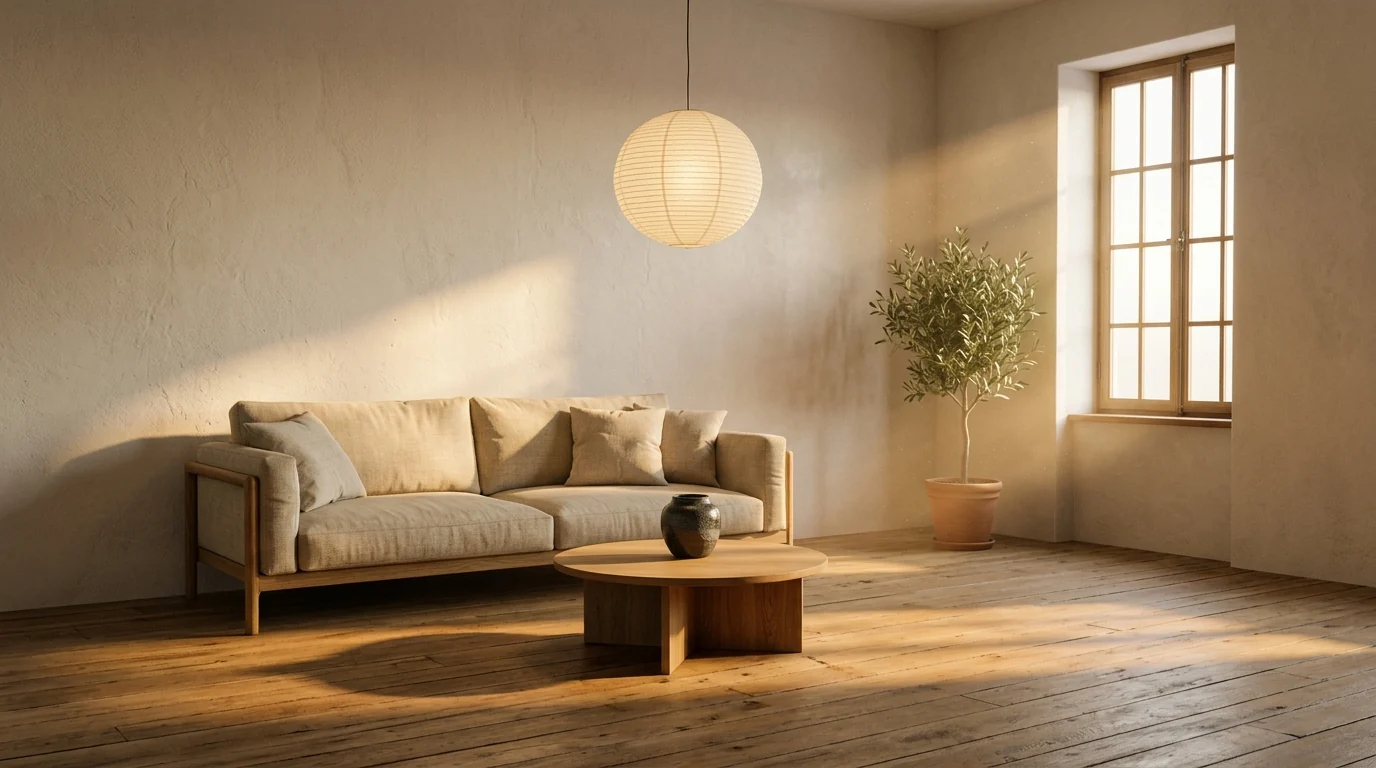 Quiet japandi living room stripped to one linen sofa, one oak table with a single ceramic vessel, one paper lamp and one plant in golden light