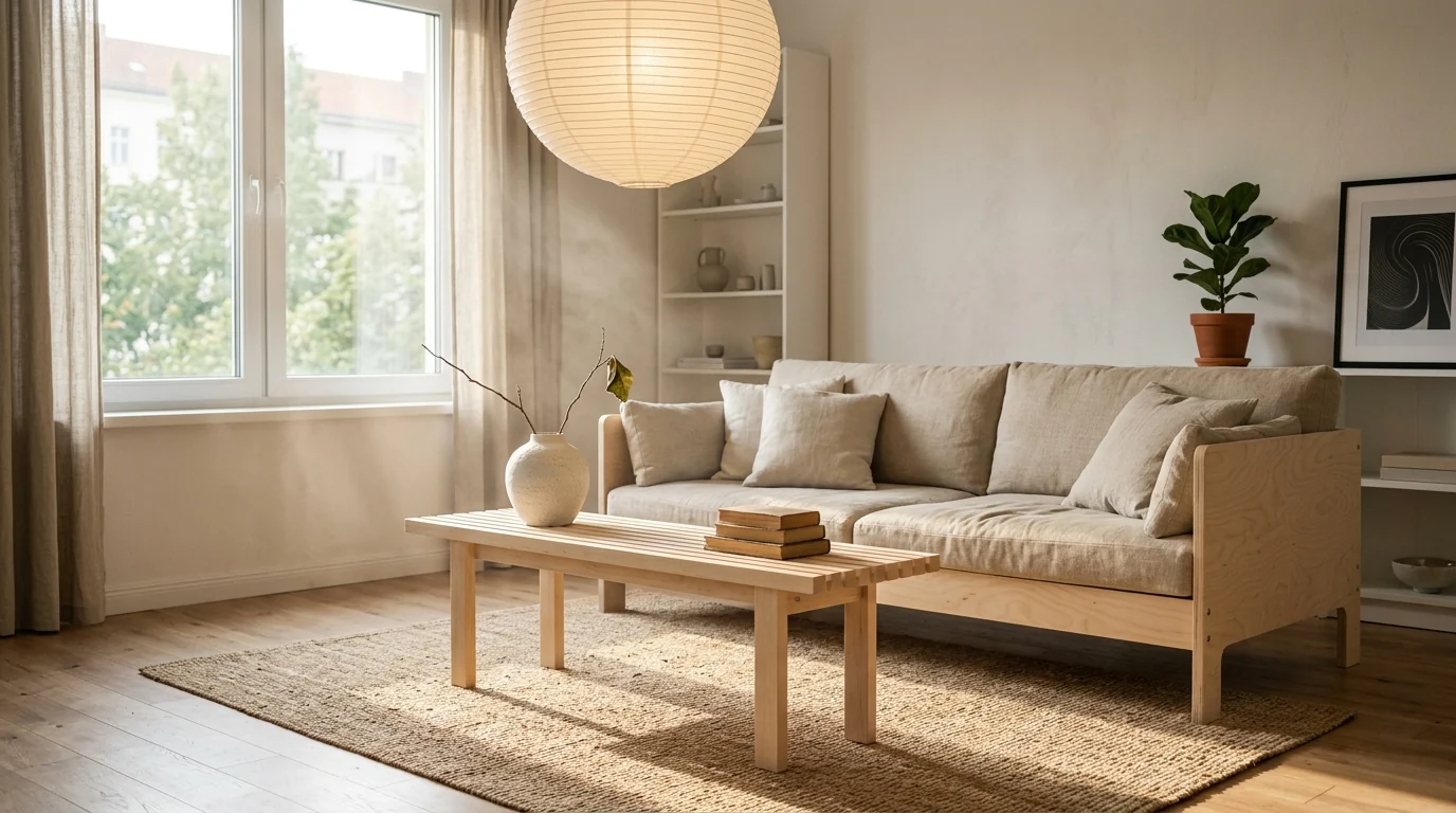 Budget japandi living room built from simple pale birch flat-pack furniture, a jute rug, rice-paper pendant lamp and one ceramic vase