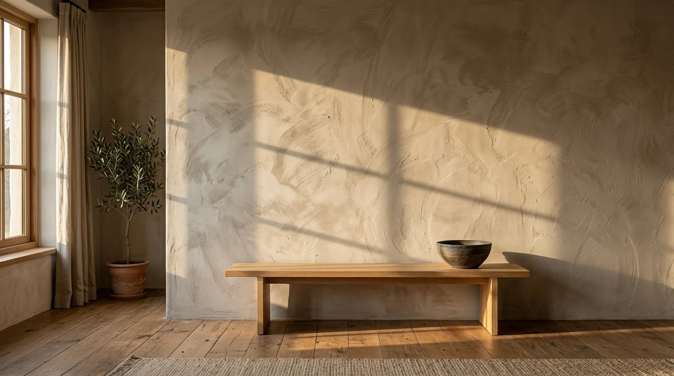 Golden hour light raking across a warm greige limewashed plaster wall in a japandi living room, with a low oak bench and single stoneware bowl