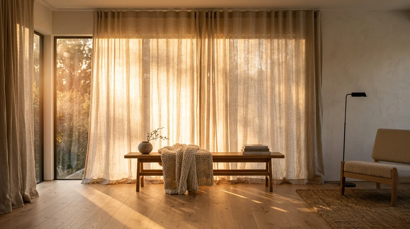 Floor-to-ceiling undyed linen curtains diffusing afternoon sun into a warm glowing veil in a japandi living room