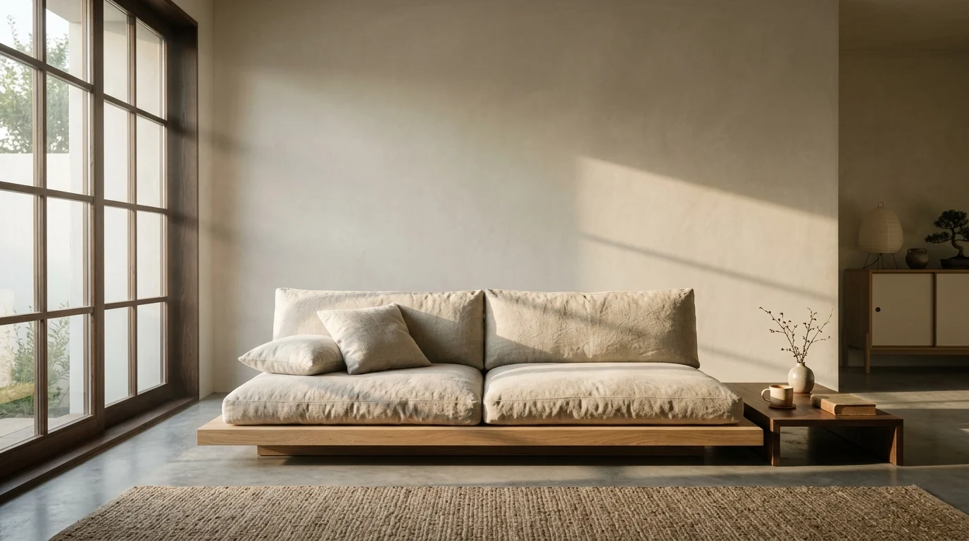Japandi living room with a very low white-oak platform sofa with oatmeal linen cushions, morning sun casting long shadows across the empty wall above it