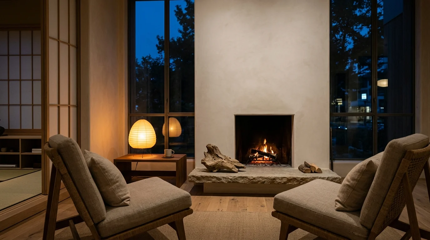 Minimalist japandi fireplace with a plain limewashed chimney breast, low fire glowing and two low linen chairs angled toward it at dusk