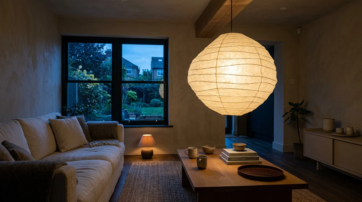 Japandi living room at blue-hour dusk lit by one large glowing rice-paper pendant lantern above a low oak coffee table