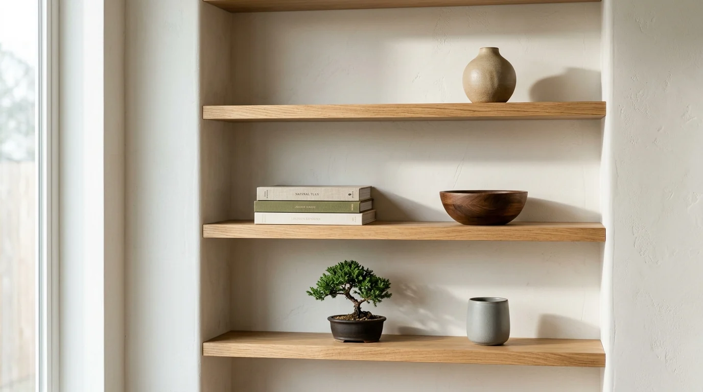 Japandi oak shelving styled with deliberate negative space, five objects across three shelves with raking light casting each object's soft shadow