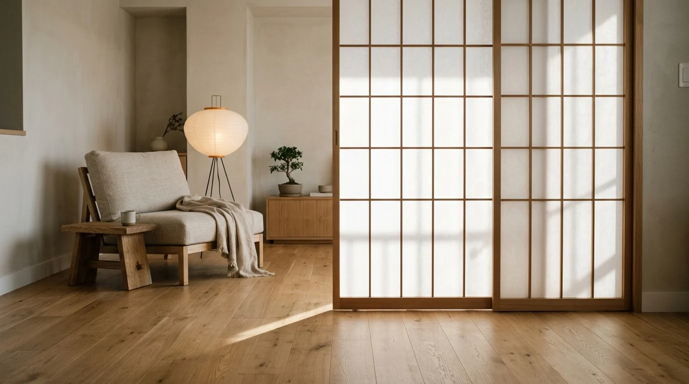 Japandi living room with a sliding shoji screen diffusing daylight into a soft glow, the wooden grid casting a faint shadow pattern on the oak floor
