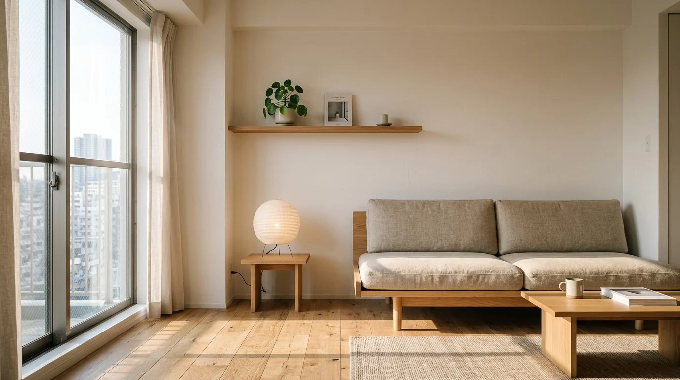 Compact japandi living room in a small city apartment with a low oak sofa, slim wall-mounted shelf and round paper lamp, morning light making it feel open