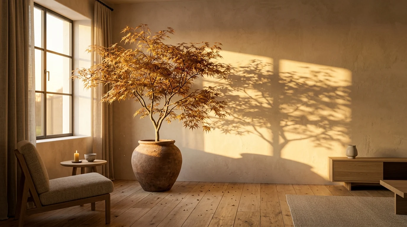 Small Japanese maple in an unglazed clay pot by the window of a japandi living room, golden light throwing its leaf shadow onto the limewashed wall