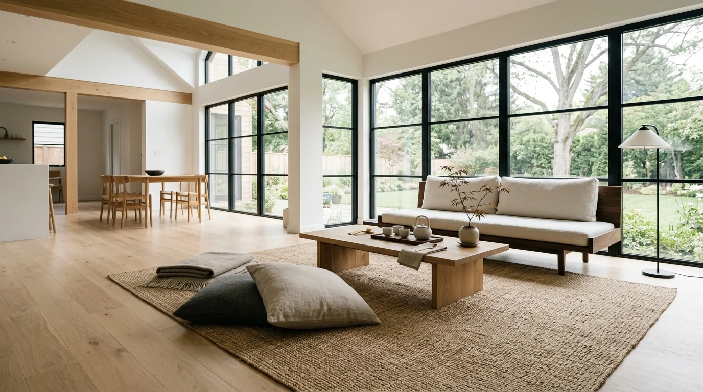 Large woven tatami-style area rug defining the seating zone in an open japandi living room with low floor cushions at its edge