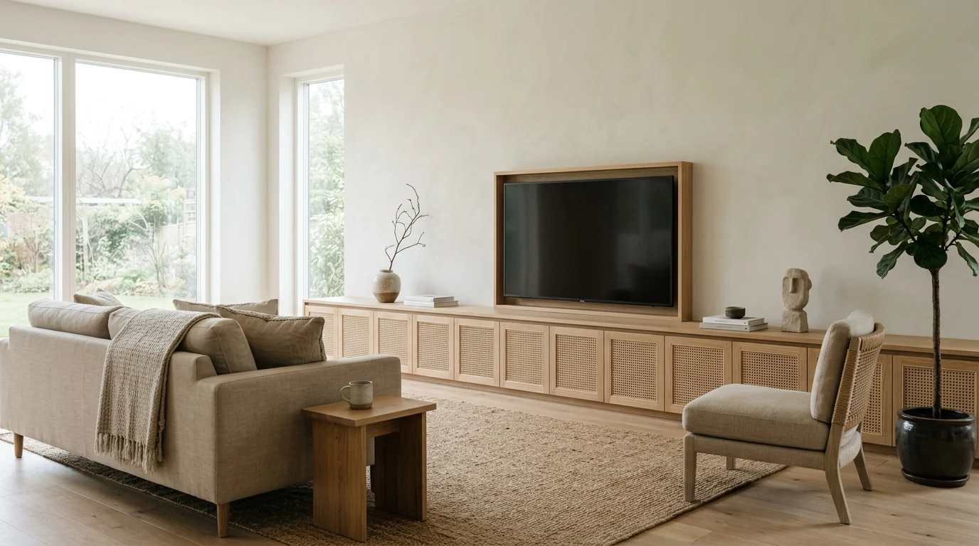Japandi living room with a TV mounted low and framed by oak joinery above a long low media console with woven cane fronts