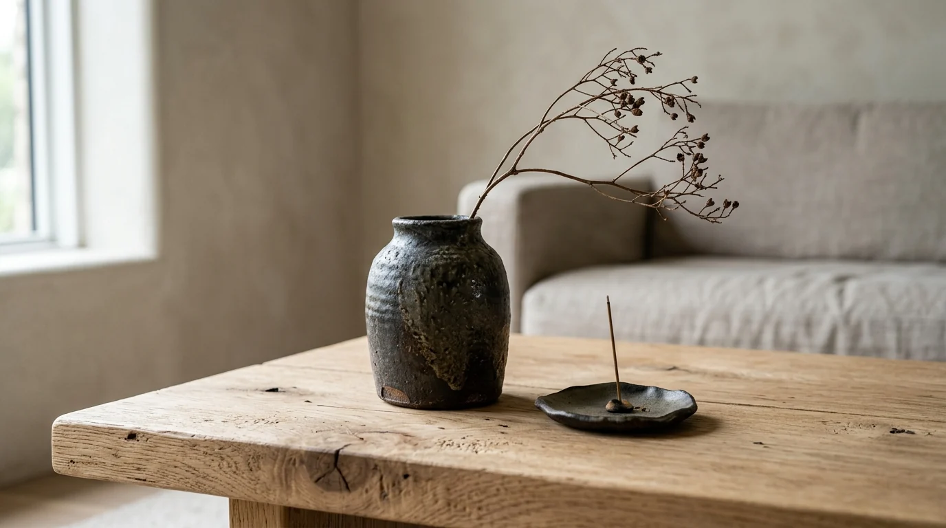 Close-up of a hand-thrown dark stoneware vase with an uneven wabi-sabi glaze holding a single dried branch on a chunky oak coffee table