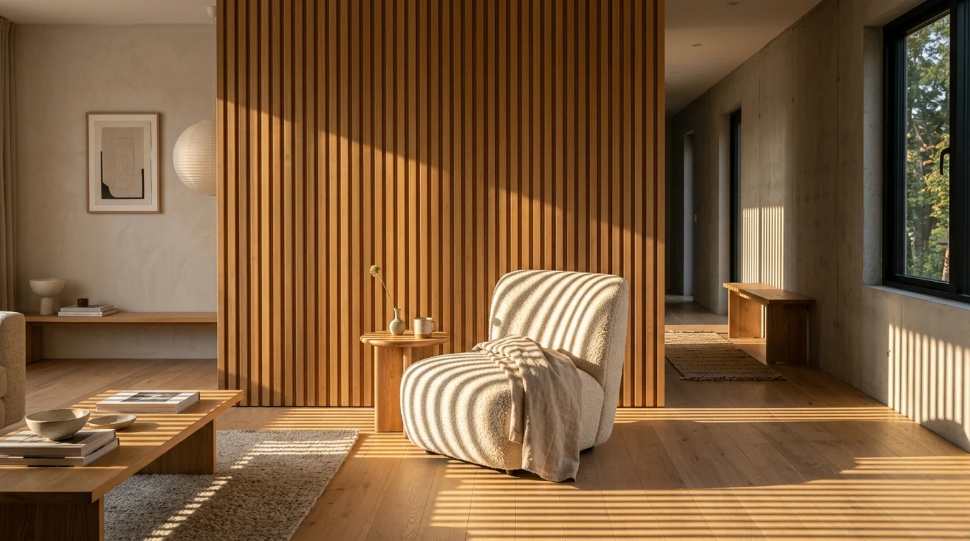Floor-to-ceiling vertical oak slat partition in a japandi living room, afternoon sun drawing long parallel shadow stripes across the floor and a boucle chair