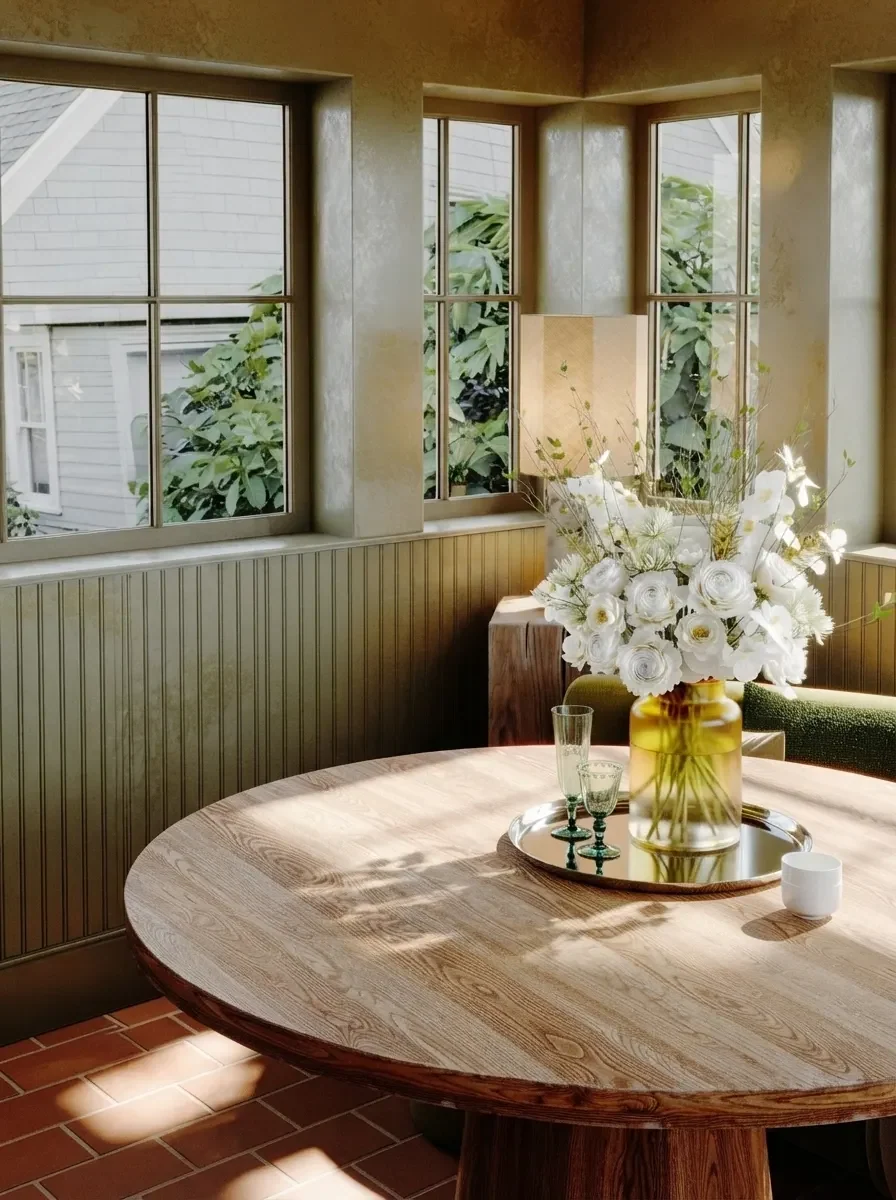 A townhouse kitchen dining area with fluted green panelling and a round oak table
