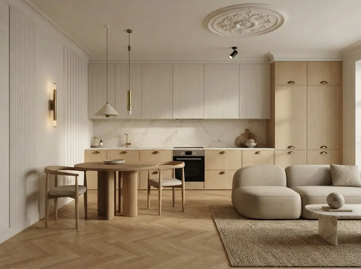 A neoclassical kitchen and dining room with fluted cabinetry and a ceiling rose
