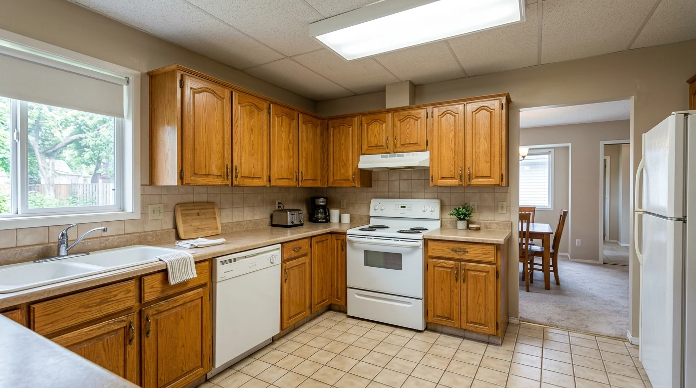 Dated 1990s kitchen with honey oak cabinets in an original real estate listing photo