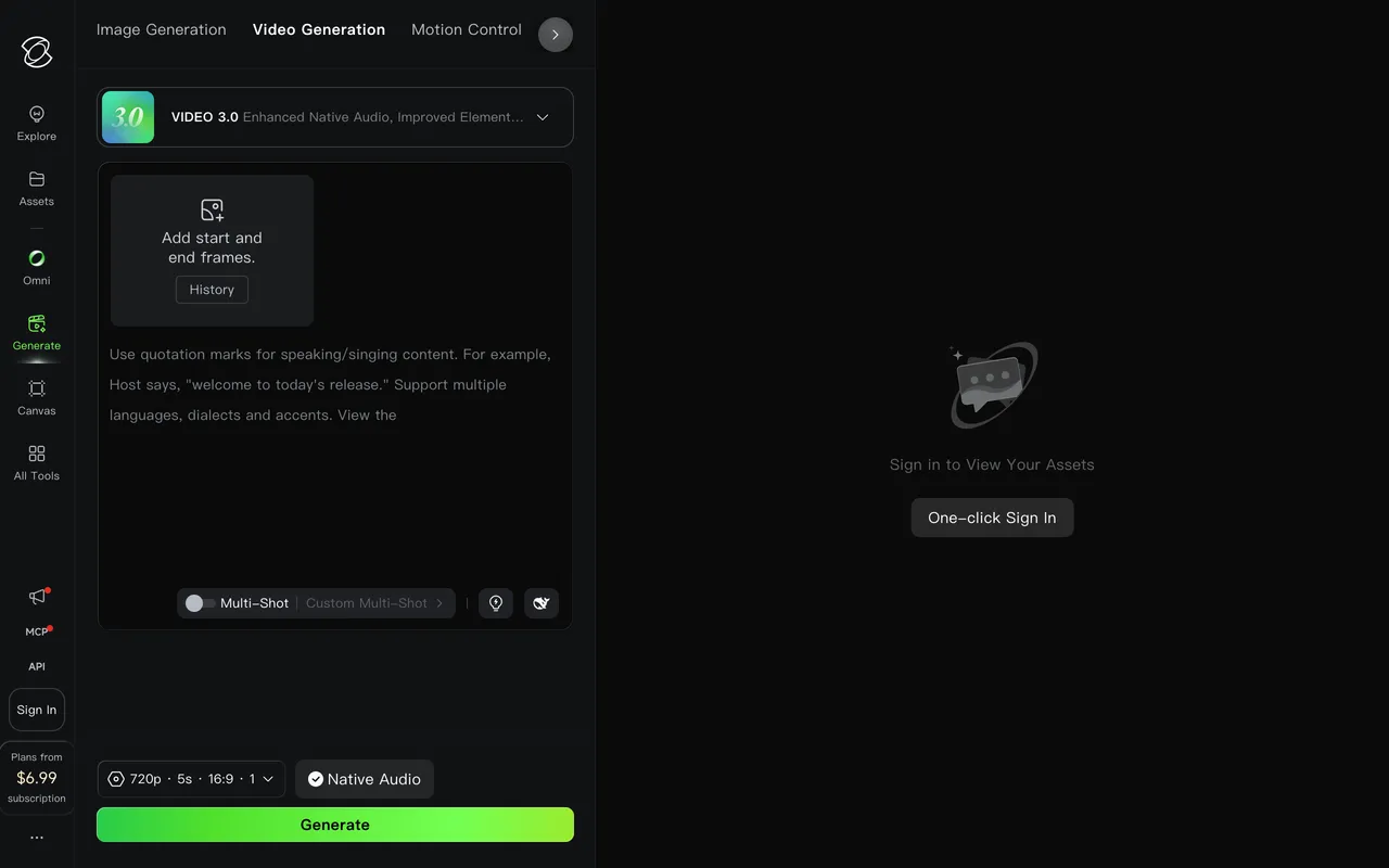 Kling AI Video 3.0 generation screen with start and end frames, multi-shot toggle and native audio option