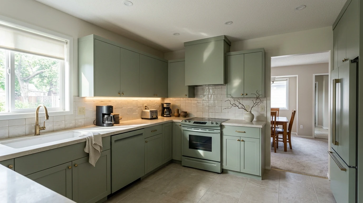 The same kitchen restyled with sage green cabinets and stone countertop, same layout and window, ready to animate as a renovation preview video