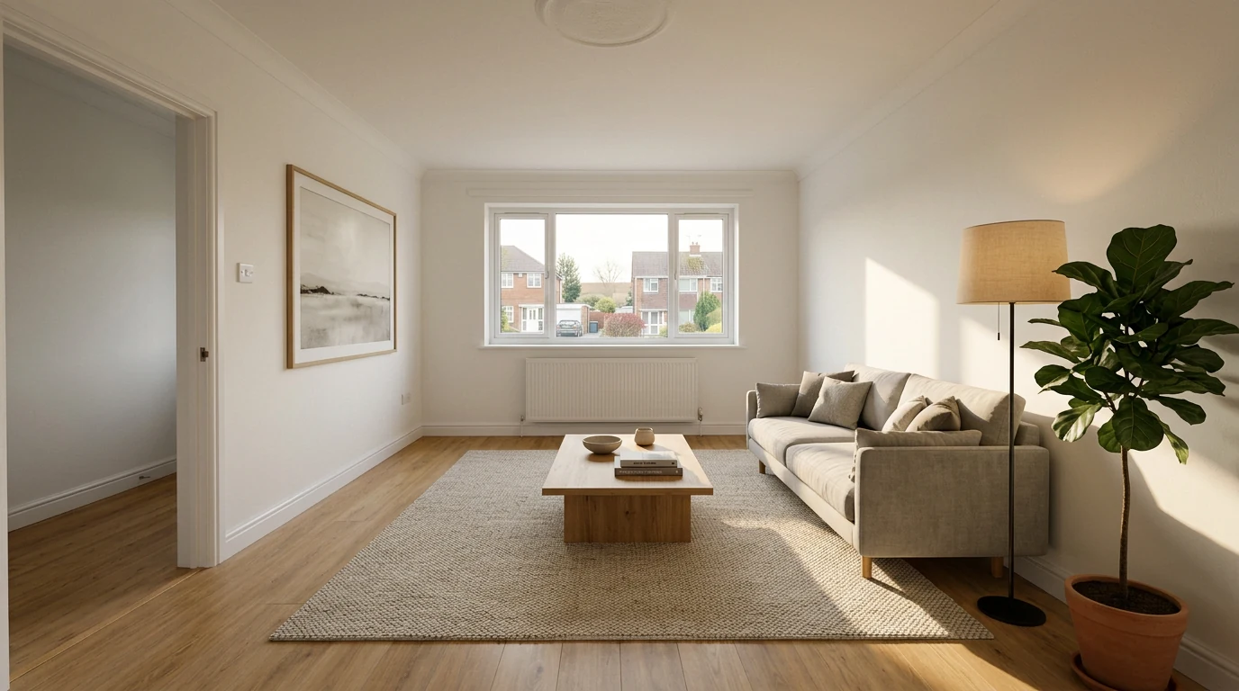 The same living room virtually staged with a sofa, rug and coffee table while keeping the real layout
