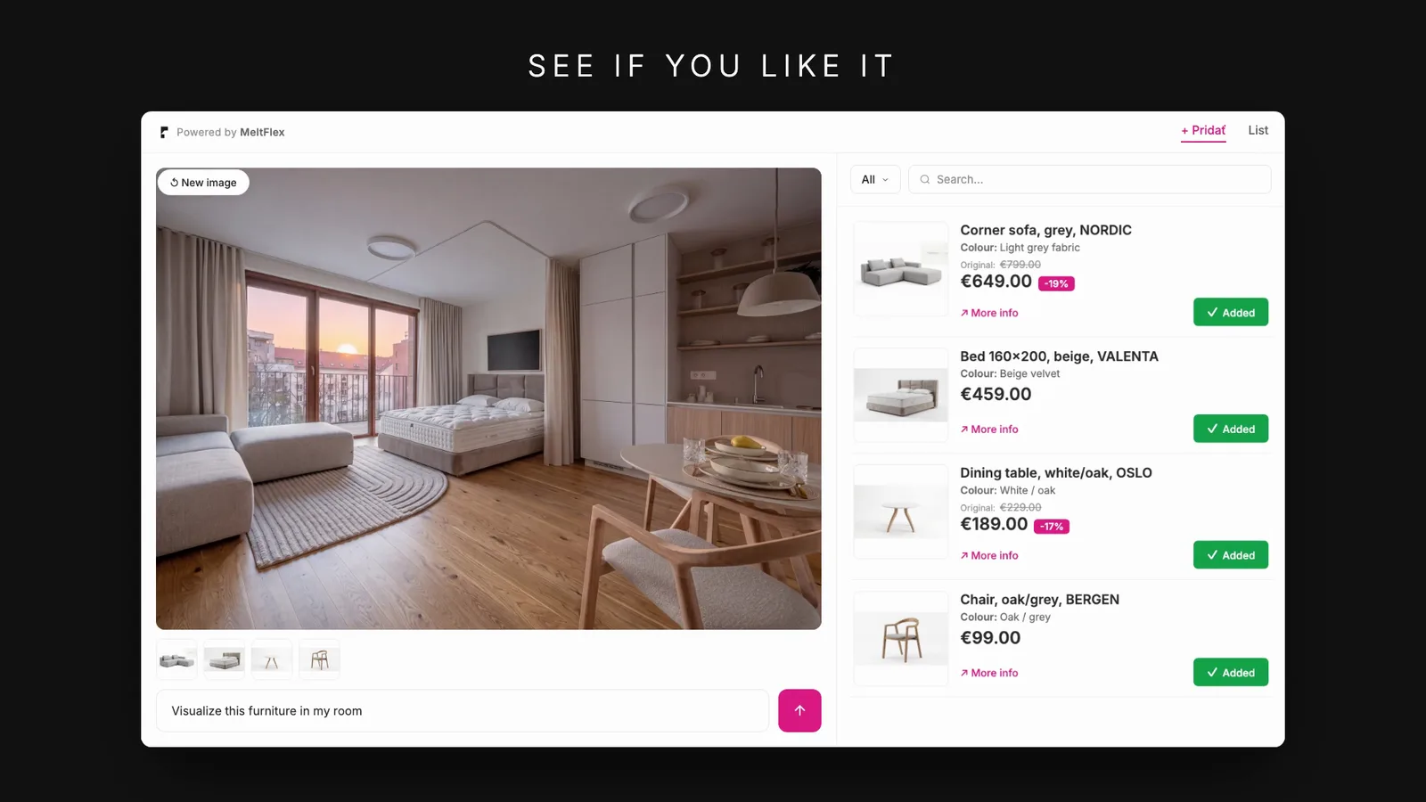 The AI furniture visualizer result: a real room furnished by MeltFlex with a grey NORDIC corner sofa, a VALENTA bed, an OSLO dining table and BERGEN chairs, with the matching Kondela product list and prices on the right