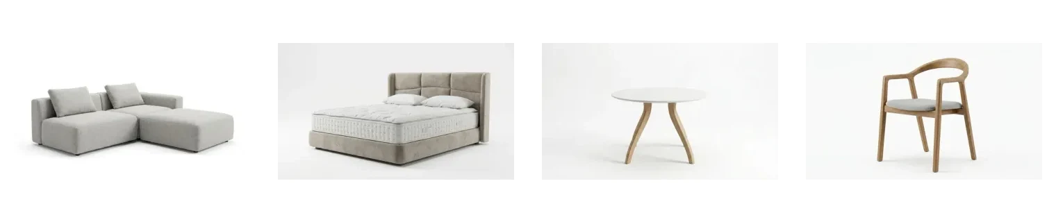 Four real Kondela furniture products on a white background: a grey corner sofa, an upholstered bed, a round wooden dining table and an oak chair