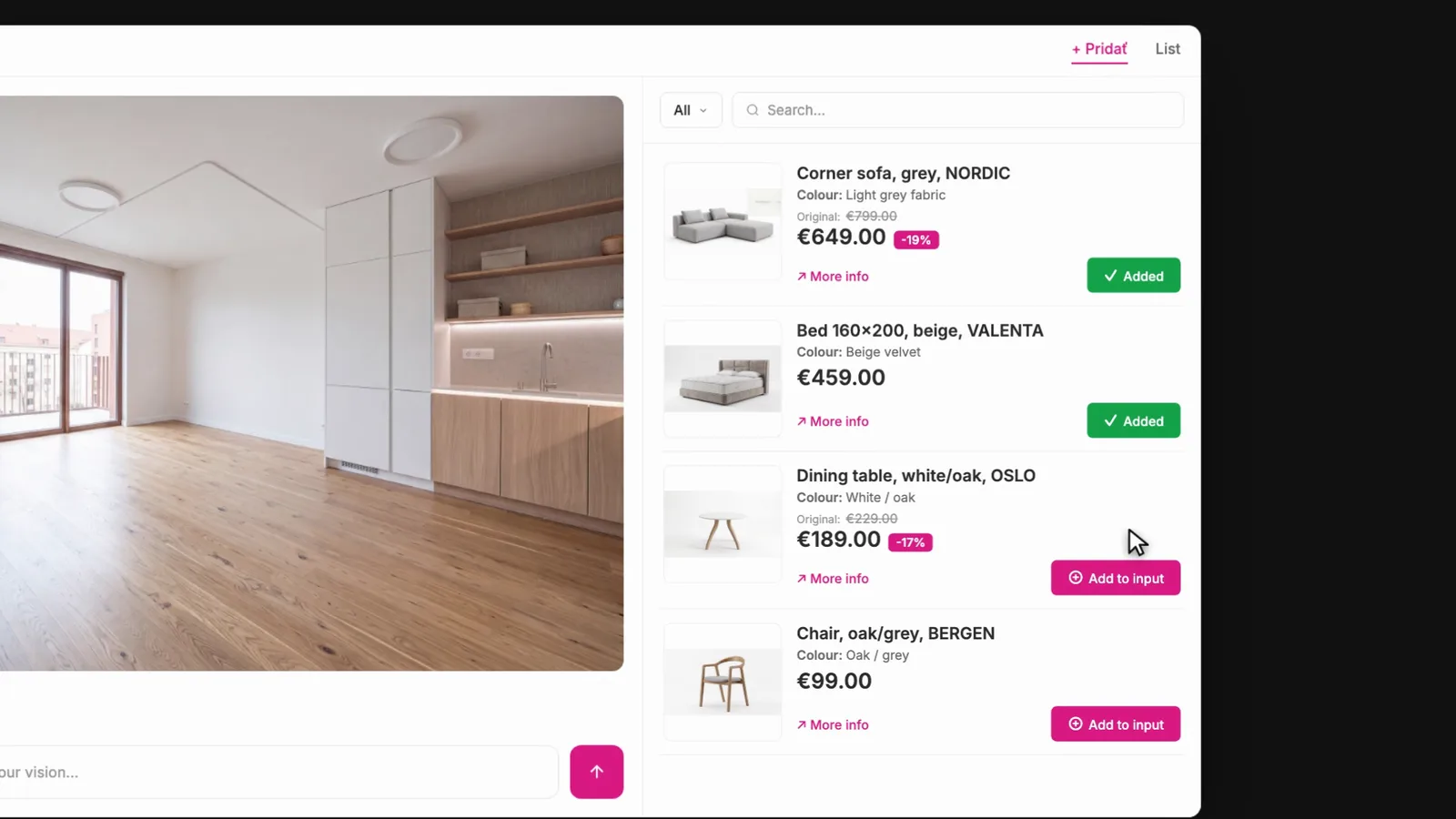 Kondela AI visualizer interface showing an empty room on the left and a list of real Kondela products on the right: Corner sofa NORDIC 649 euro, Bed VALENTA 459 euro, Dining table OSLO 189 euro and Chair BERGEN 99 euro, each with an add to input button