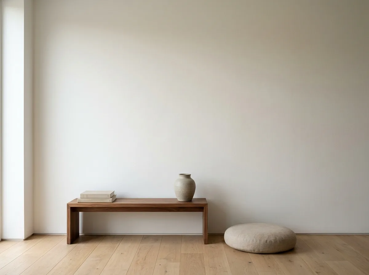 A minimal room corner with a large plain off-white painted wall, a low walnut bench with a ceramic vase and books, and a linen floor cushion on an oak floor