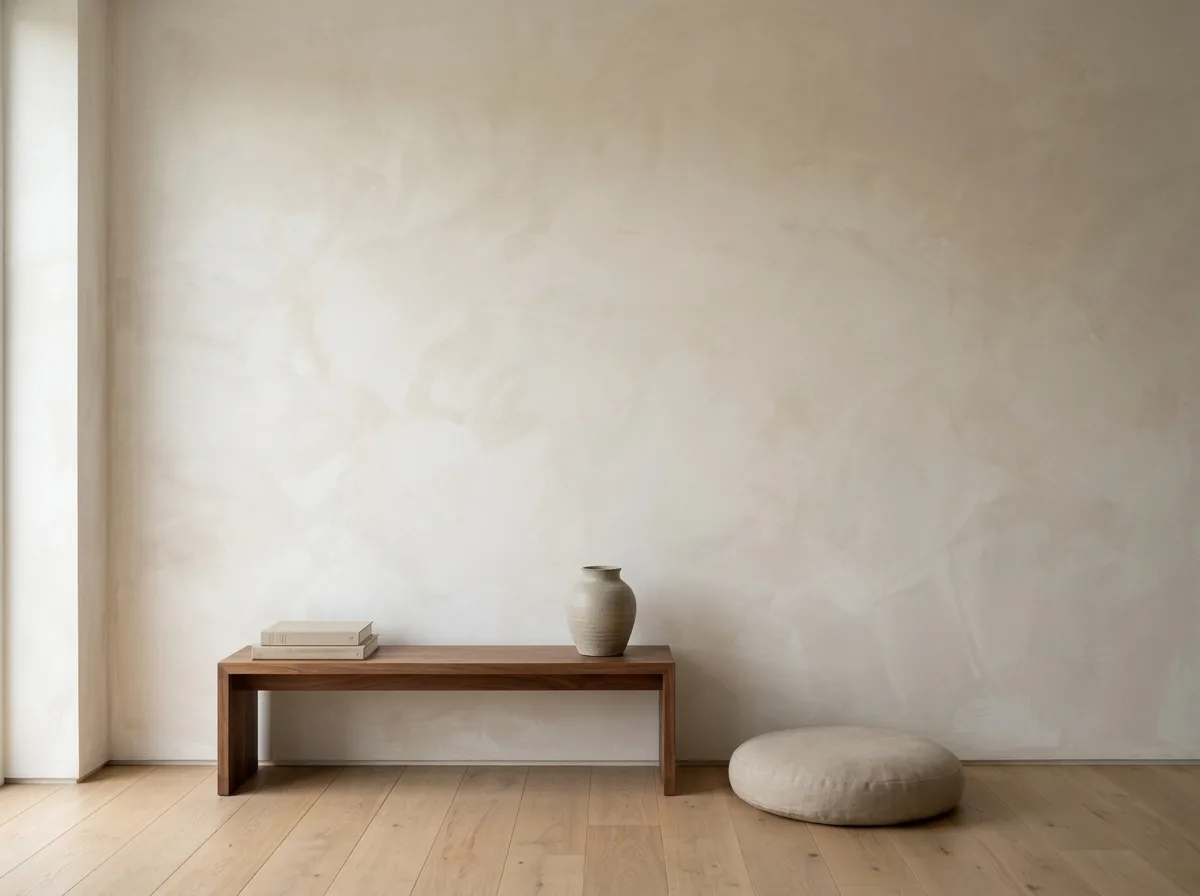 The same room with the wall finished in limewash, showing soft cloudy mottled colour variation and a completely matte chalky surface